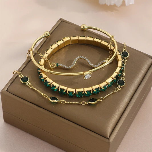 4Pcs Vintage Green Crystal Gold Color Bracelets for Women