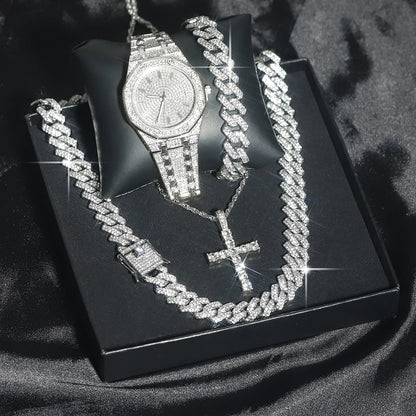 Exquisite Set Of Watch Classical Cross, Pendant Necklace, Match Cuban Bracelet for Men